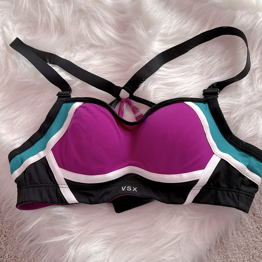 Victoria’s Secret VSX Sports Bra Purple/Black/Teal/White Size 34A NWT